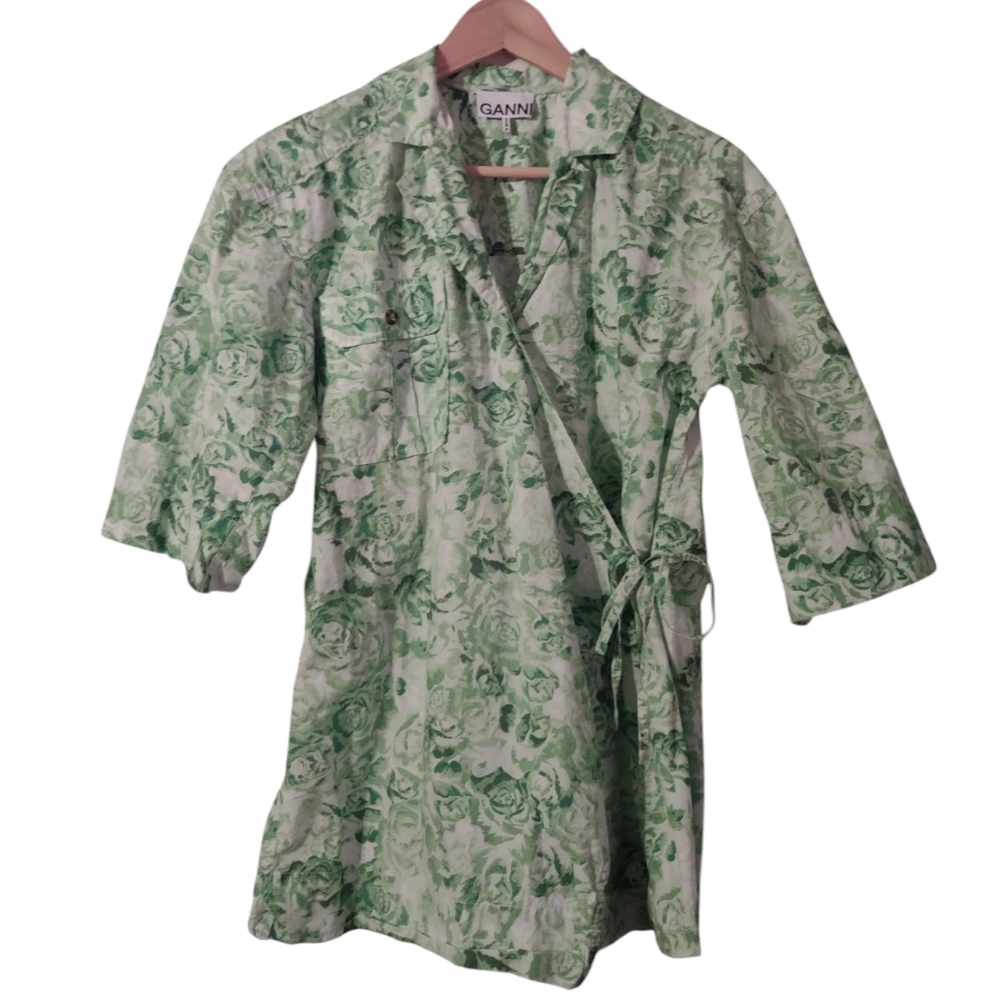 GANNI Green Floral Wrap Tie Waist Collared 100% Cotton Blouse Top XXS/XS Designe